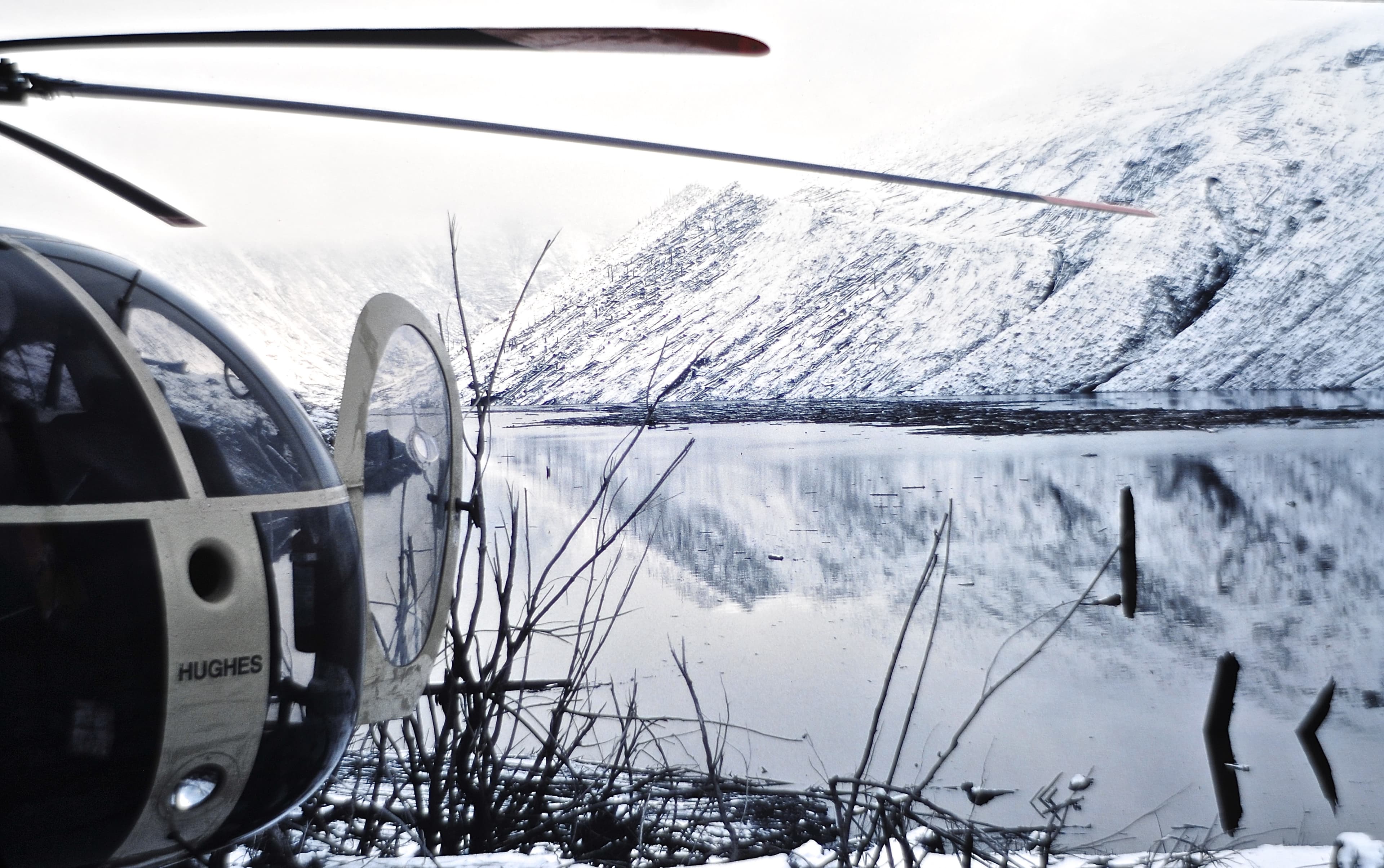 Third week of January 1981  First trip to Coldwater Lake to perform preliminary bathymetric survey.  USGS K. Tanner